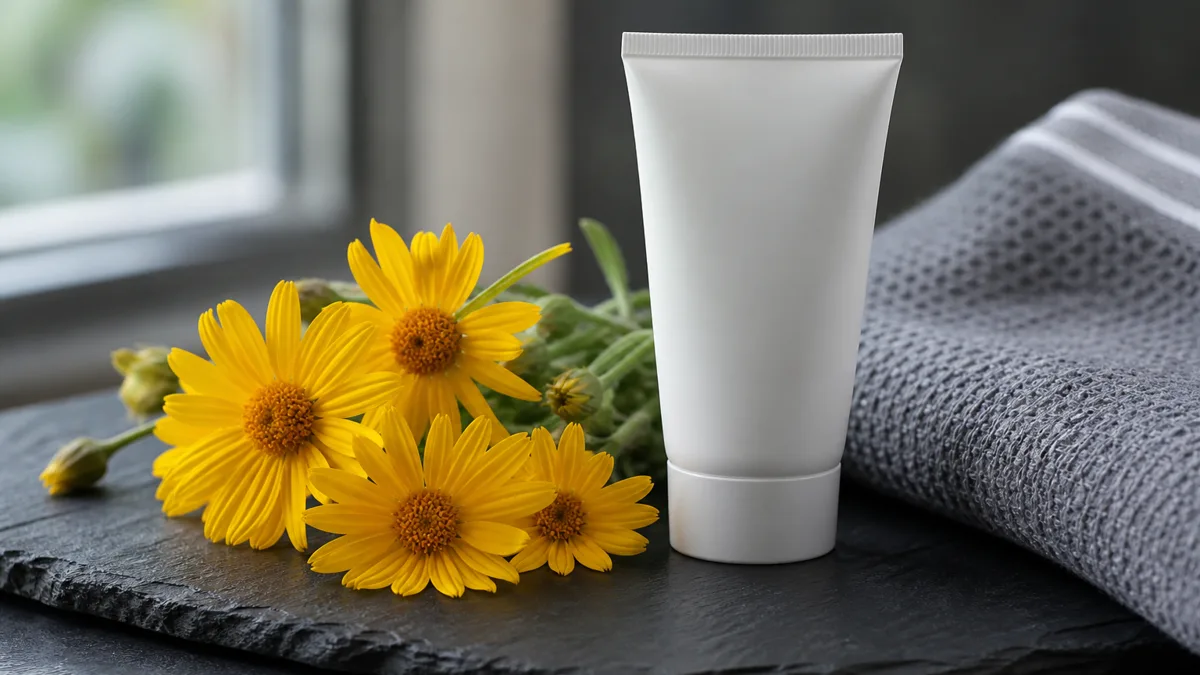Tube mit Arnikagel neben leuchtend gelben Arnikablüten