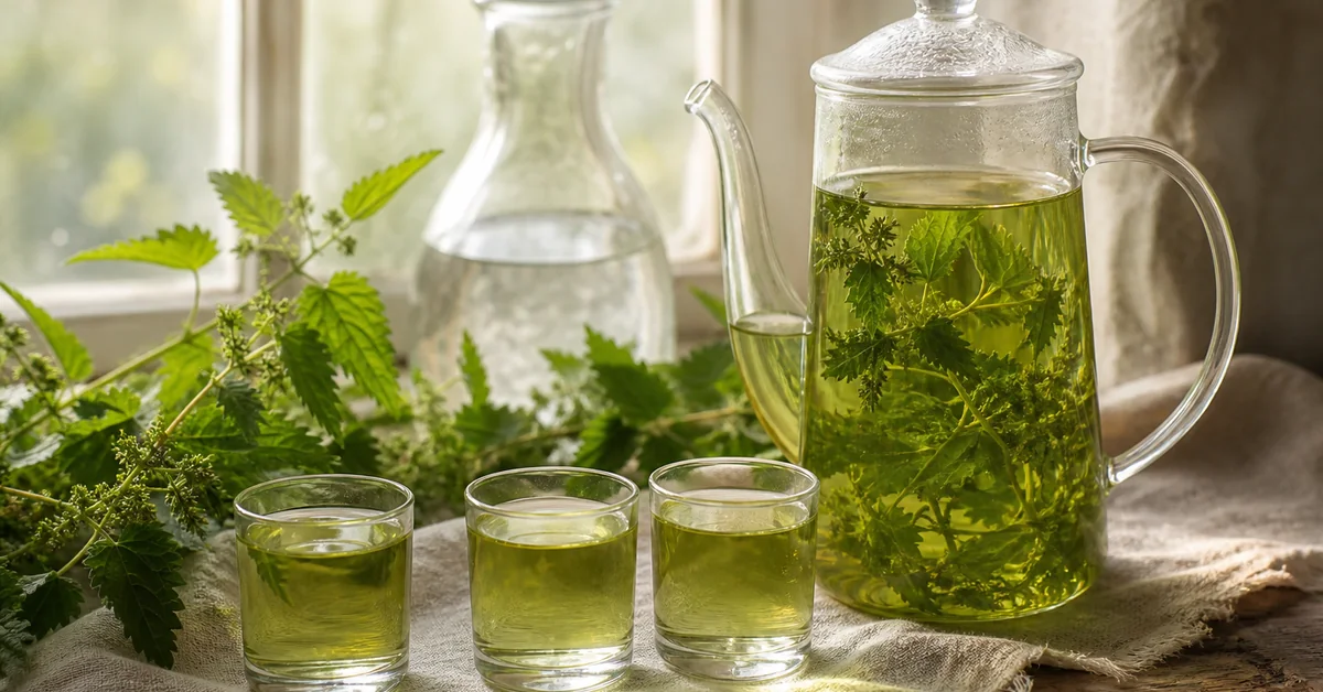 Glaskanne mit Brennnesseltee und frische Brennnesselblätter