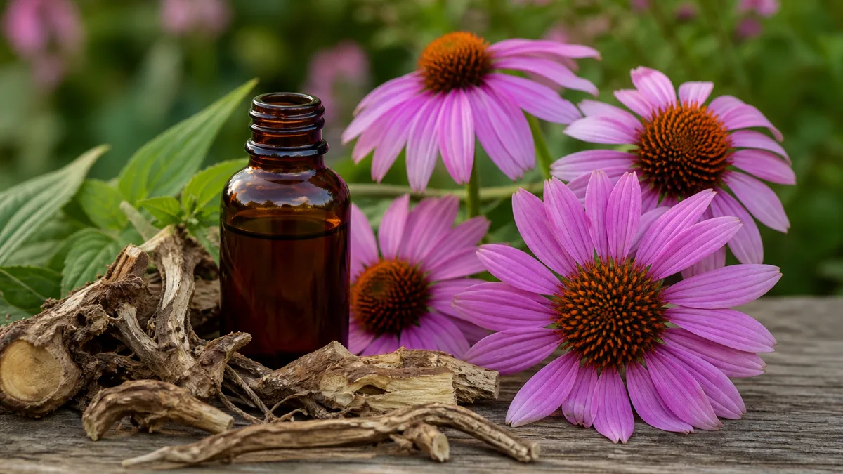 Blühender Sonnenhut (Echinacea purpurea) und ein Fläschchen Echinacea-Tropfen