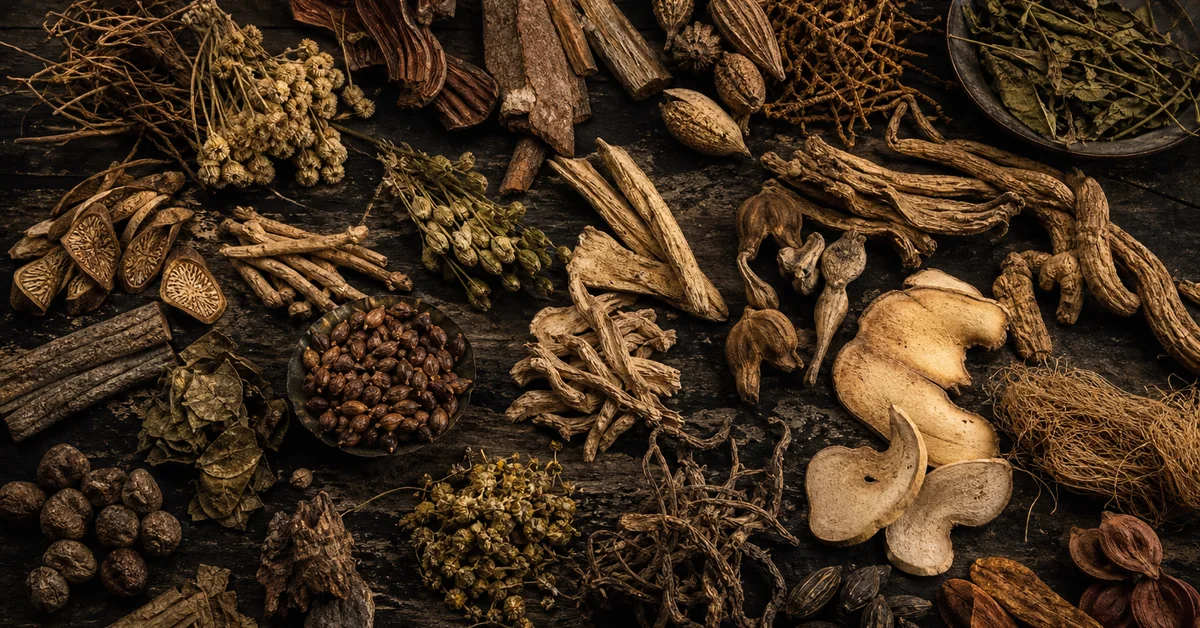 Botanische Darstellung verschiedener Heilpflanzen