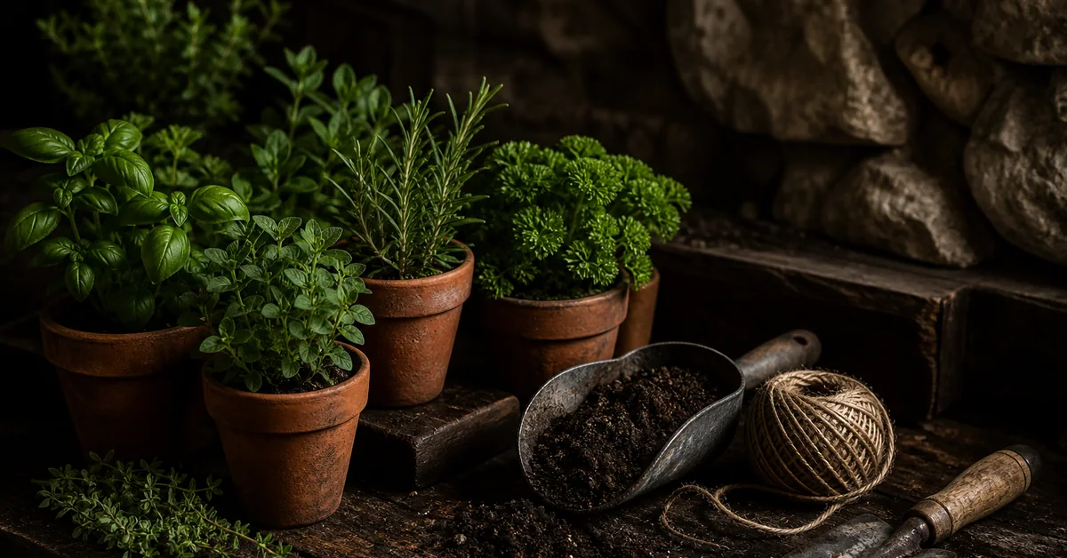 Kräuterbeet mit Salbei, Thymian und Rosmarin im Garten