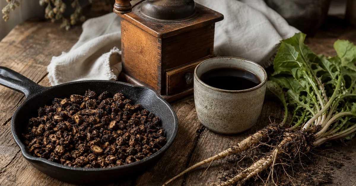 Geröstete Löwenzahnwurzeln und eine Tasse Löwenzahnkaffee auf Holz