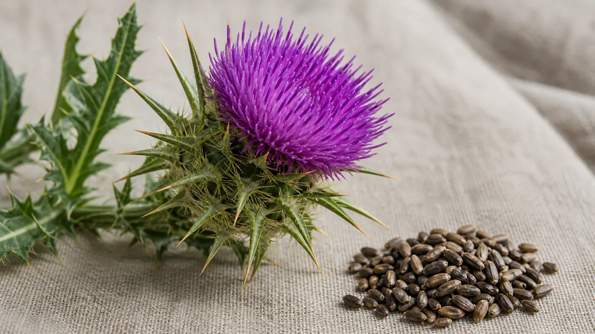 Tasse Mariendisteltee mit violetten Blüten und Samen der Mariendistel