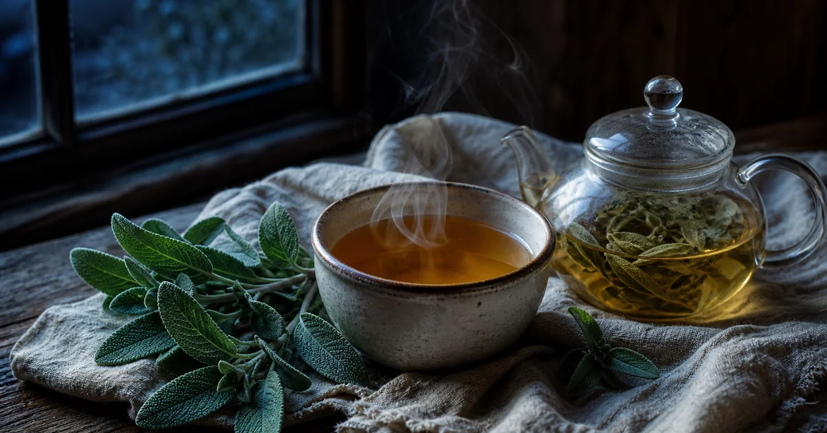 Dampfende Tasse Salbeitee und frische Salbeiblätter auf einem Nachttisch