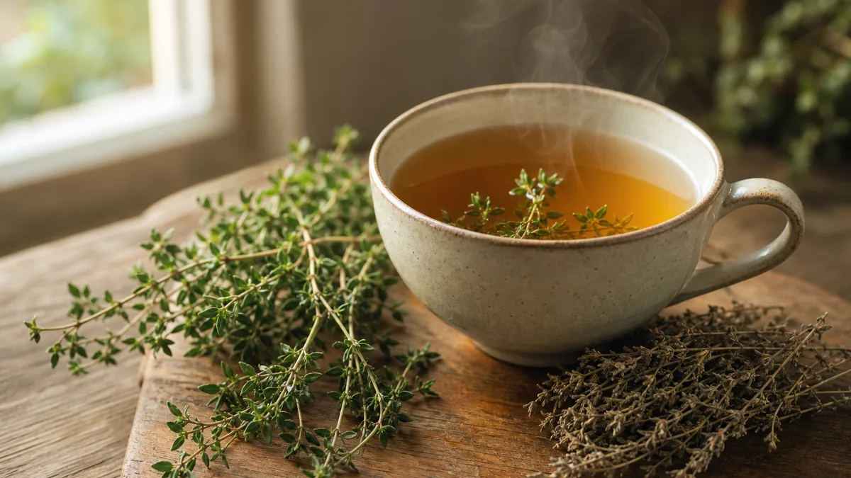 Dampfende Tasse Thymiantee und frische Thymianzweige auf einem Holztisch