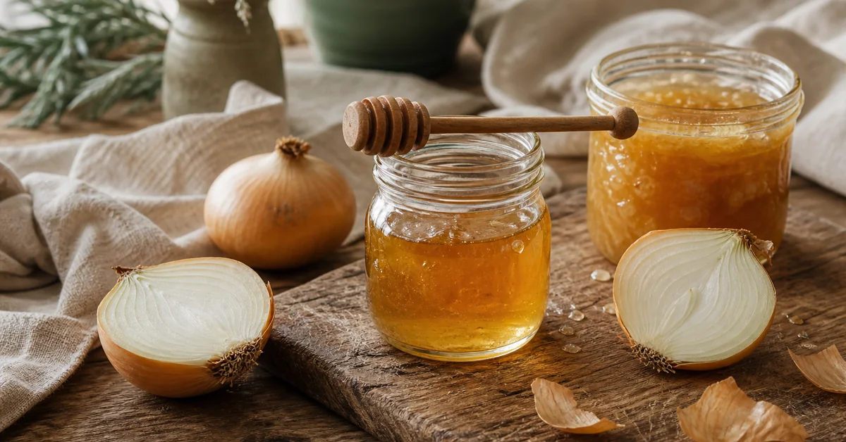 Glas mit selbstgemachtem Zwiebelsirup neben aufgeschnittenen Zwiebeln und Honig